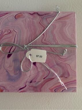 5 Resin Pink Marble Effect Coasters tied with Silver Ribbon